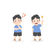 The Asian boy was confused, wondered, had a problem, and tried to answer and The Asian boy figured out the answer to the problem. illustration cartoon character vector design on white background.