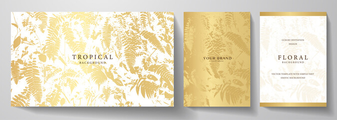 Exotic gold invitation, cover design set. Floral background with tropical pattern of leaf (jungle). Premium horizontal and vertical vector template for gift card, banner, wedding invite, voucher