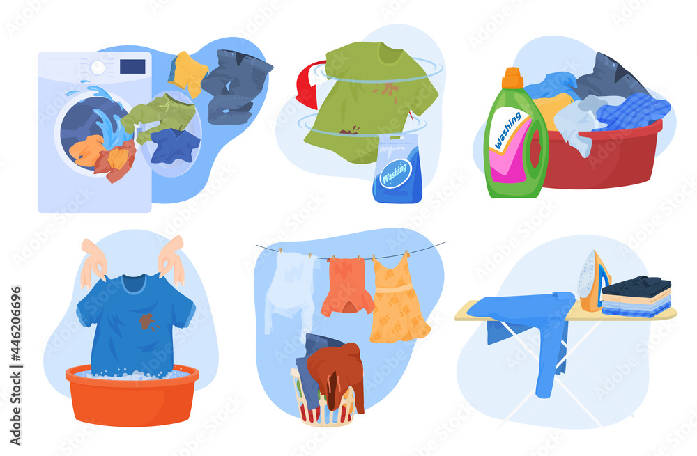 Collection of clean and dirty clothes illustration laundry pile washed clothing, apparel with stains - obrazy, fototapety, plakaty 