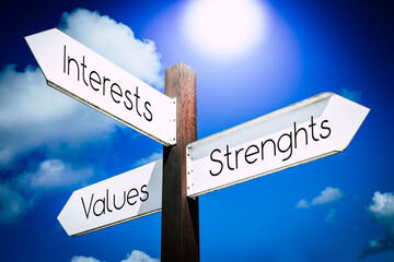 Sticker - Values, interests, strenghts concept - signpost with three arrows