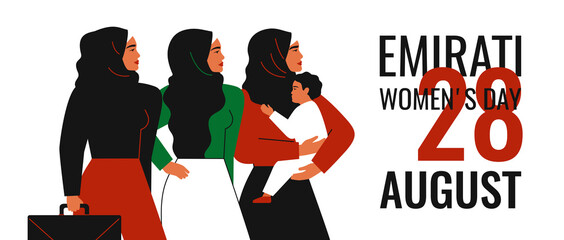 Emirati Women's day greeting card. Muslim mother with child, businesswoman and Arabian girl in hijab stands together. Vector illustration. Holiday concept