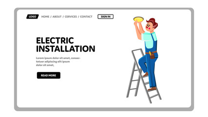 Wall Mural - electric installation work doing repairman vector. electric installation chandelier on ceiling. char