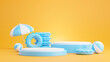 blue podium with summer beach,umbrella beach,swim rings,beach ball concept for product display