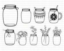 Mason Jar Vintage Design. Empty Containers. Silhouette Vector Flat Illustration. Cutting File. Suitable For Cutting Software. Cricut, Silhouette