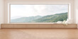 3d rendering of modern empty room with wooden seat and herringbone floor on mountain background, Large window.