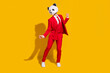 Photo of cheerful carefree panda guy dance wear mask red suit tie footwear isolated on yellow color background