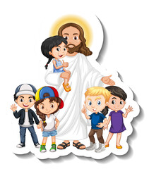 Sticker - Jesus Christ with children group sticker on white background