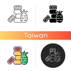 Sticker - Pineapple cake icon. Sweet traditional taiwanese pastry. Asian tasty dish. Taiwanese cuisine. Tropical fruit dessert. Linear black and RGB color styles. Isolated vector illustrations