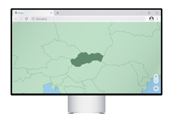 Wall Mural - Computer monitor with map of Slovakia in browser, search for the country of Slovakia on the web mapping program.