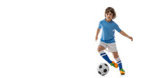 Flyer With Little Sportsman, Football Soccer Player, Boy Playing Football Isolated On White Studio Background. Concept Of Sport, Game, Hobby