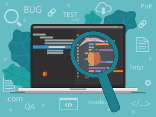 Illustration of software testing. Notebook with code, magnifier, bug. Flat illustration in green colors