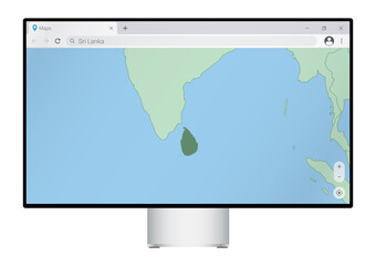 Wall Mural - Computer monitor with map of Sri Lanka in browser, search for the country of Sri Lanka on the web mapping program.