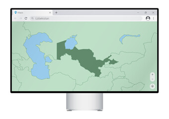 Wall Mural - Computer monitor with map of Uzbekistan in browser, search for the country of Uzbekistan on the web mapping program.