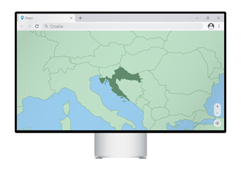 Wall Mural - Computer monitor with map of Croatia in browser, search for the country of Croatia on the web mapping program.