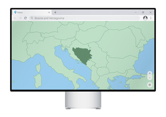 Wall Mural - Computer monitor with map of Bosnia and Herzegovina in browser, search for the country of Bosnia and Herzegovina on the web mapping program.