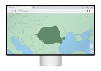 Wall Mural - Computer monitor with map of Romania in browser, search for the country of Romania on the web mapping program.