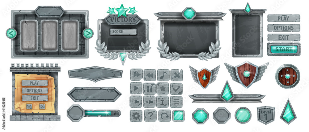 Stone UI game set, rock interface vector frame kit, gray boulder tile ...