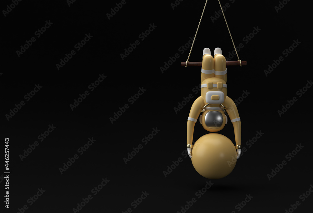 Astronaut hanging on rope with Stability Ball doing exercises, 3d Rendering illustration.. - obrazy, fototapety, plakaty 