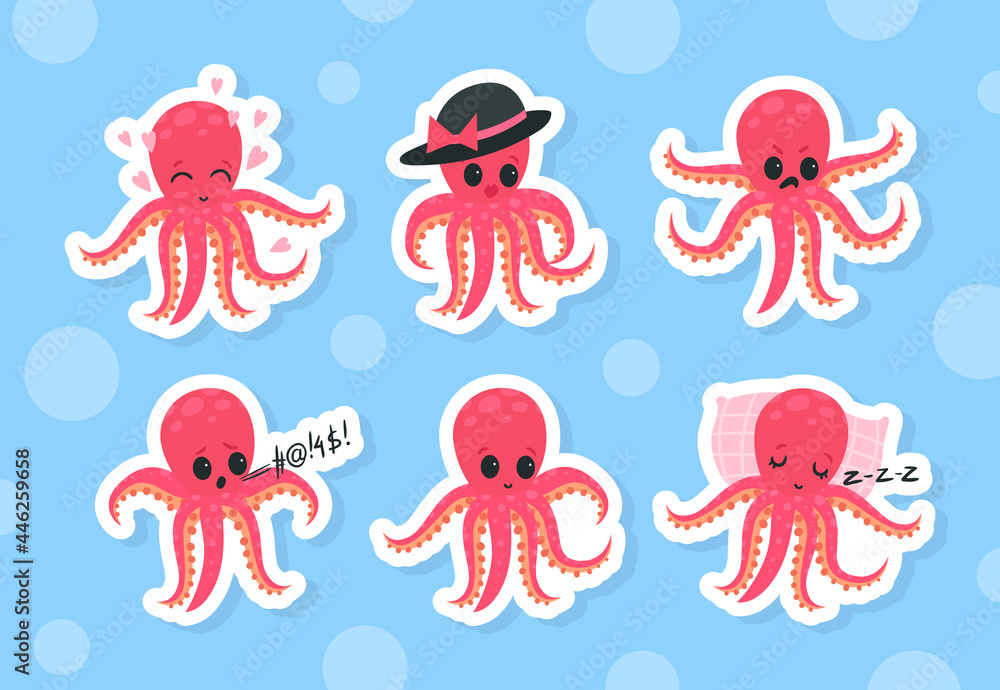Cute Funny Pink Octopus with Tentacles Sleeping on Pillow and with Angry Face Vector Sticker Set - obrazy, fototapety, plakaty 