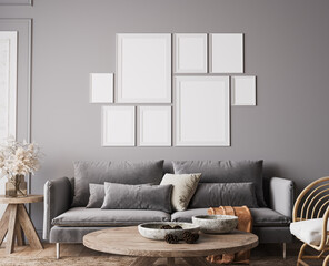 Wall Mural - Cozy gray living room in Scandinavian boho design, 3d render	