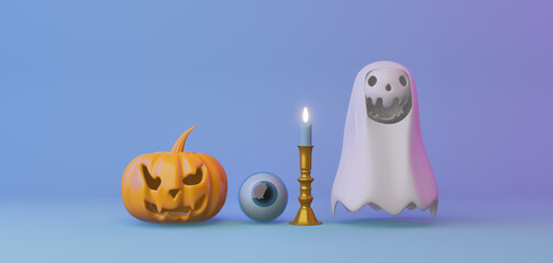 Canvas Print - Halloween banner with pumpkin decoration on light blue background and copy space. 3d rendering illustration