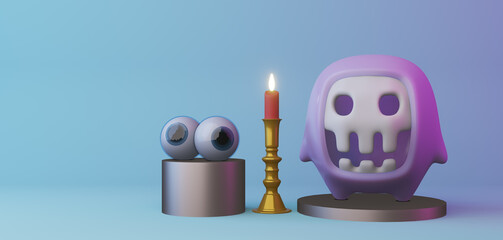 Canvas Print - Halloween banner with funny ghost cartoon character on light blue background and copy space. 3d rendering illustration