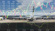 © ekapolsira - Business aviation marketing with stock information data, candlesticks, graph and chart show successful investment on travel and transportation industry for presentation background.