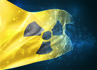 Wall Mural - radiation sign on a yellow background in 3d vector flag, virtual abstract 3D object from triangular polygons on a blue background