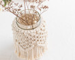 Small glass vase, jar, candleholder with macrame cover. Dry herbs. Boho style. Bohemian home decor. Wedding accessory.