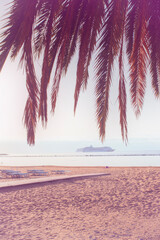 Wall Mural - Summer time background, landscape with beach, cruise liner and palm leaf. Toned in pink