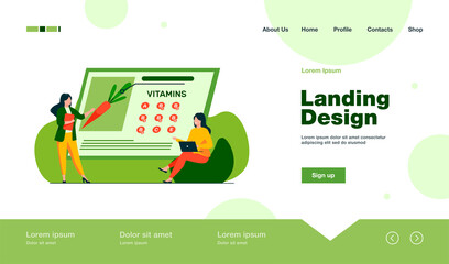 Wall Mural - Women studying vitamins in organic food. Nutritionist presenting fresh vegetable on screen flat vector illustration. Healthy nutrition, diet concept for banner, website design or landing web page