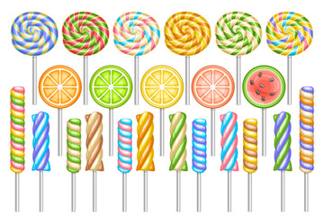 Wall Mural - Vector set of Lollipops, lot collection of 23 cut out illustrations of different curly and swirly tasty lollipops on sticks, group of many isolated fruity candies for christmas on white background.