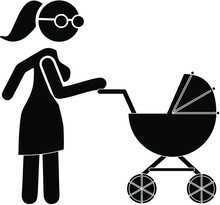 Woman With Pram Pictogram Flat Icon Isolated On White Background