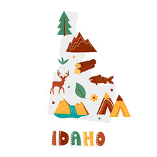 USA Map Collection. State Symbols And Nature On Gray State Silhouette - Idaho. Cartoon Simple Style For Print