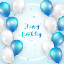Elegant Blue White Ballon And Ribbon Happy Birthday Celebration Card Banner Template Star Pattern Background