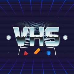 Wall Mural - VHS outrun logo design. Chrome logo with palm leaves. Trendy retro 1980s style. Print for t-shirt, tee, typography. Synthwave, vaporwave, retrowave. Vector illustration 