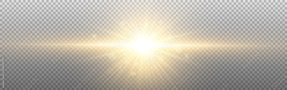 Sun light on transparent backdrop. Realistic glowing light effect. Gold ...