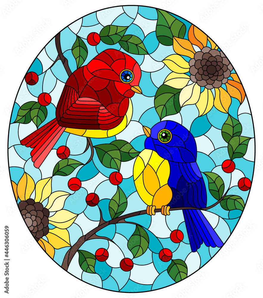 An illustration in the style of a stained glass window with a pair of abstract birds sitting on tree branches and flowers against a blue sky background - obrazy, fototapety, plakaty 