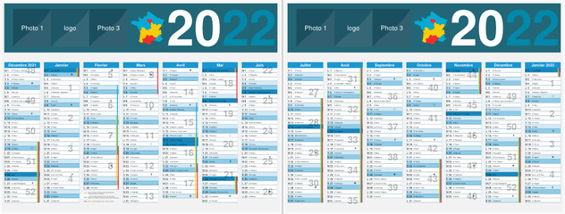 Wall Mural - Calendrier 2022 14 mois avec vacances scolaires officielles au format 320 x 420 mm recto verso entièrement modifiable via calques et texte arial