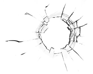 Wall Mural - Hole from a ball in the glass, cracks on a white background