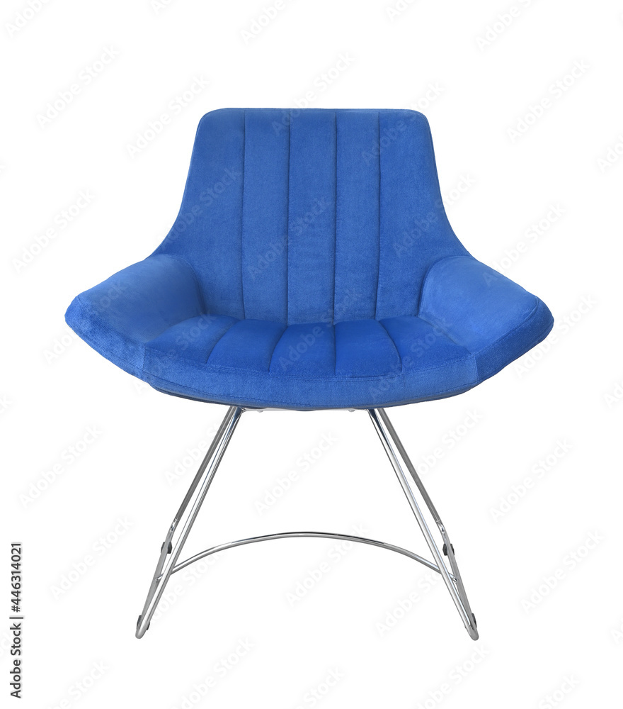 Front view of blue velvet armchair - obrazy, fototapety, plakaty 