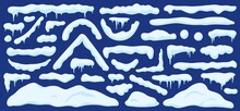 Cartoon Snowdrifts. Winter Snow Piles, Drifts, Window And Roof Caps, Lines And Borders With Icicles. Christmas Frost Decoration Vector Set