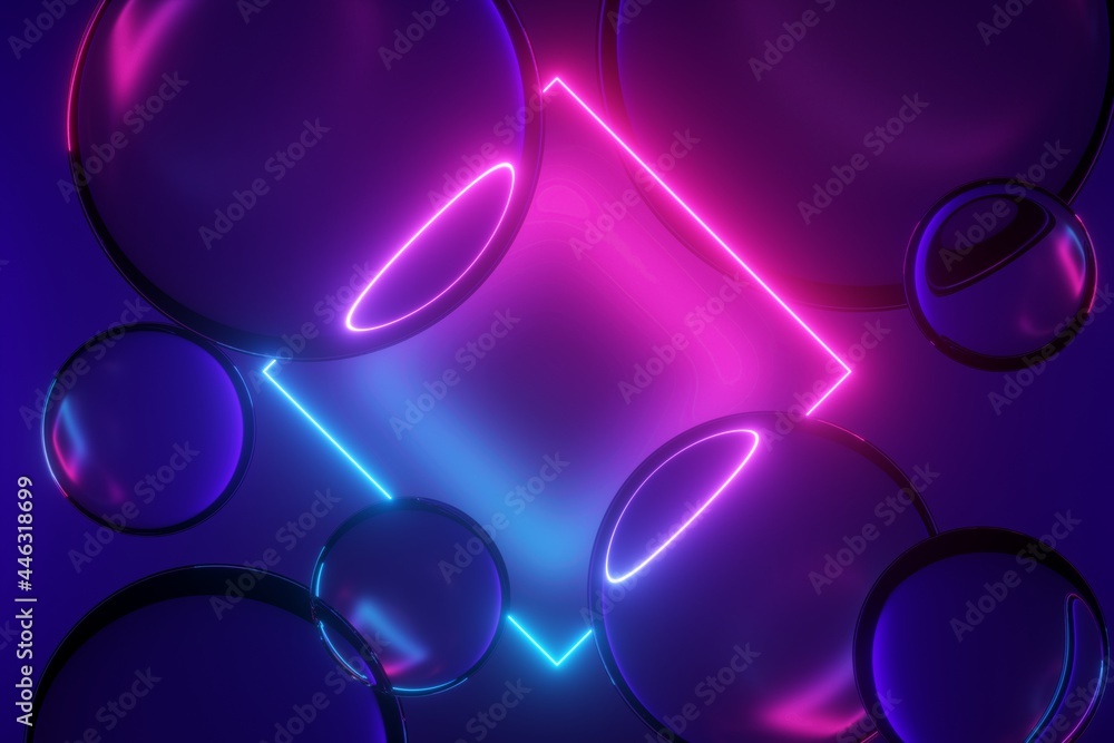 3d render, abstract pink blue neon background with square frame and ...