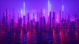 Fototapeta  - 3d render, abstract urban futuristic background. Cityscape with neon light, starry night sky and water