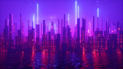 Wall Mural - 3d render, abstract urban futuristic background. cityscape with neon light, starry night sky and wat
