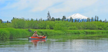 Kayaker On The Little Deschutes River - A Relaxed Kayaker Enjoying The Scenery Along The Little Dechutes River In Central Oregon With Mt Bachelor In Back Ground