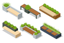 Isometric Icons Set Of Eco Modern Street Bench Vector For Web Design Isolated On White. A Modern Bench With A Flower Bed In A City Park. City Improvement, Urban Planning, Public Spaces.