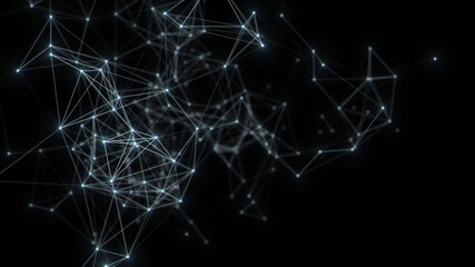 Abstract connected dots and lines on black background. Communication and technology network concept with moving lines and dots. 3d render