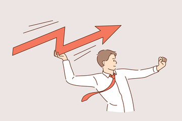 Business growth, success and improvement concept. Happy determined strong businessman cartoon character throwing rising up red arrow to achieve goal vector illustration 