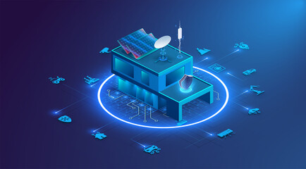 Fototapete - Banner of Smart Home technology. The building consists of numbers and is connected by icons of household smart devices. Intelligent home management system. The concept of a smart home security system.
